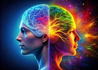 A split-brained illustrated concept depicts a rational, structured left side contrasting with a vibrant, emotive right