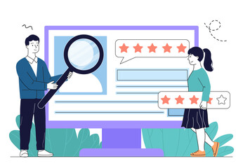 People with rating. Woman and man with magnifying glass leave reviews. Feedback from customers. marketing and Internet promotion. Linear vector illustration