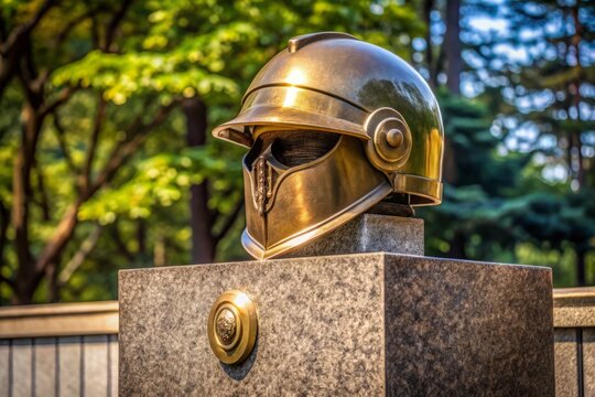A stainless steel helmet with a bold, bronzed finish, adorned with a striking lambda emblem, sits atop a