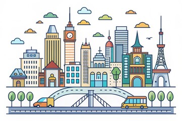 A stylized illustration of a city's outline with prominent landmarks, roads, and infrastructure, set against a flat