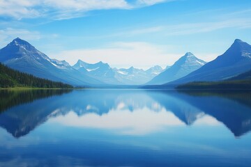A serene mountain lake with a mirror-like reflection.