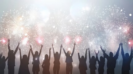 Silhouetted crowd of cheering people with raised hands enjoying a vibrant fireworks display against a bright night sky background.