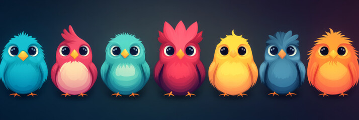 Fototapeta premium A row of colorful cartoon birds, each with big eyes.