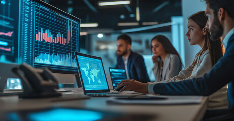 Team collaborates on data analysis in a modern office during the day