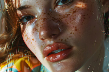 Close-up of a young Caucasian woman with freckles, showcasing her captivating eyes and glossy lips against a colorful background.