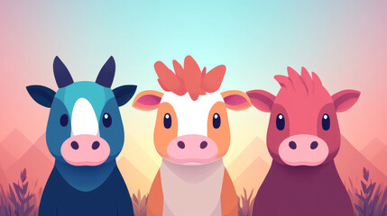 Naklejka premium Three cartoon cows in blue, orange, and red colors.