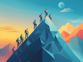 Fototapeta premium A vibrant illustration of climbers ascending a mountain, showcasing teamwork and the spirit of adventure in stunning landscapes.