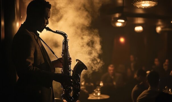 A silhouette of a saxophonist playing in a smoky jazz club with a live audience.