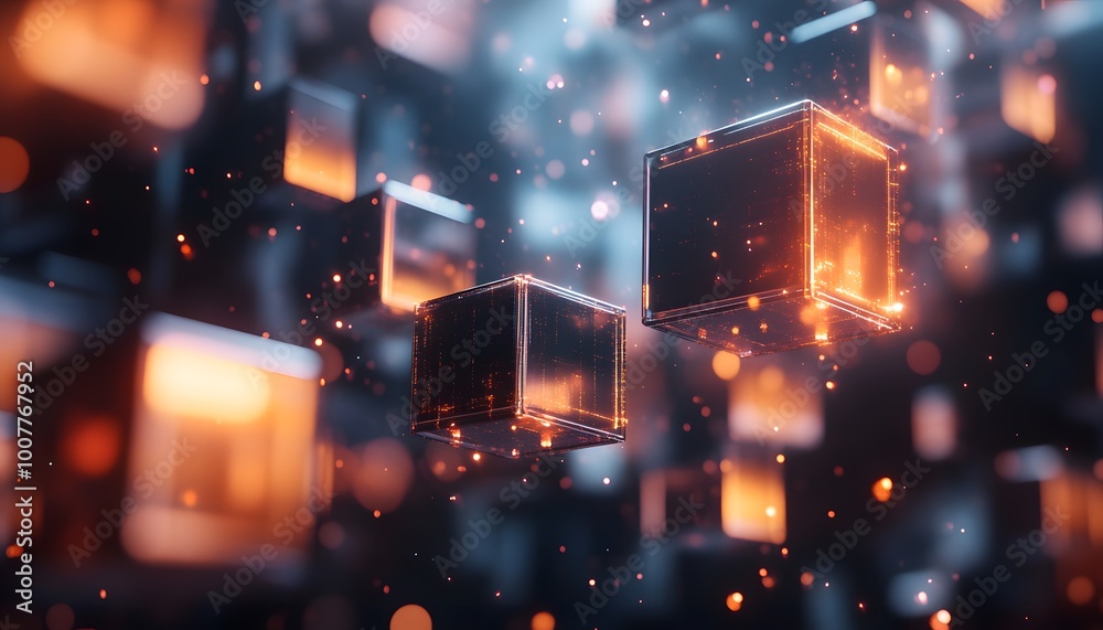 Poster Abstract glowing cubes float in a dark space, creating a futuristic digital atmosphere with shimmering particles and light effects.