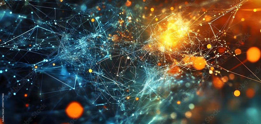 Poster abstract digital network with glowing particles and vibrant colors representing data connection and 