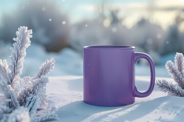 A purple mug sits on a snowy surface, surrounded by frosty plants, capturing the serene beauty of winter.