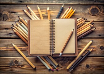 A vintage-inspired spiral-bound notebook lies open on a rustic wooden table, its creamy pages awaiting inspiration,