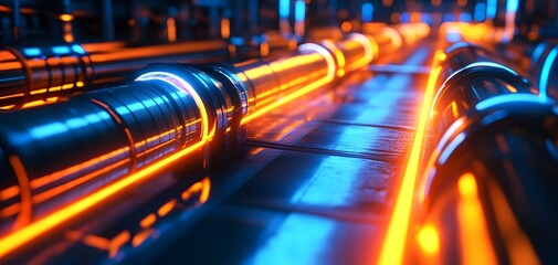 Obraz premium Dynamic view of illuminated pipelines showcasing vibrant blue and orange hues, evoking a sense of energy and technology.