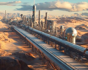 Fototapeta premium Futuristic cityscape with advanced technology, transportation system, and vast desert landscape in the background.