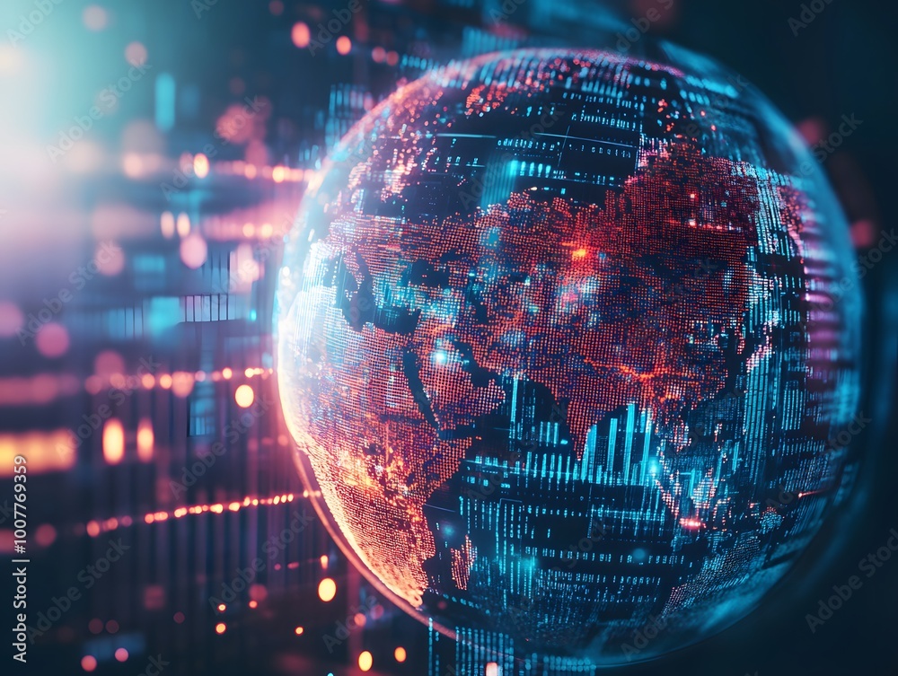 Poster futuristic globe visualization showcasing digital data connections and glowing lights, representing 