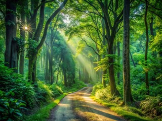 Obraz premium A winding dirt path disappears into the dense foliage of a vibrant green forest, surrounded by towering trees