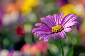 A single pink daisy with a yellow center stands out against a blurry background of other flowers.