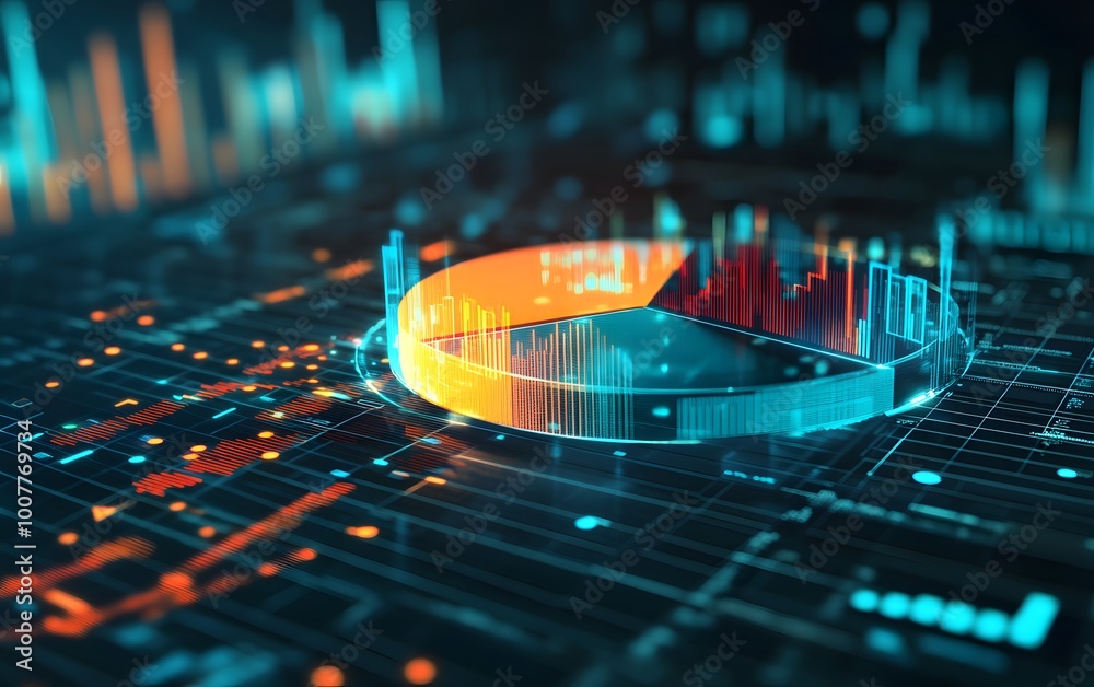 Poster modern data visualization with a digital pie chart and colorful graphs representing analytics and bu