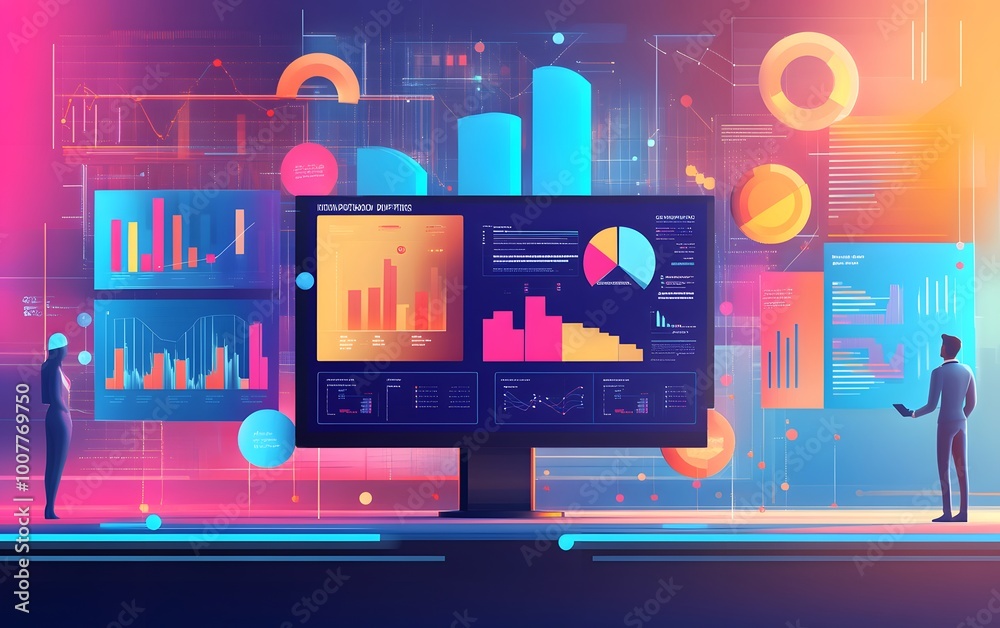 Poster modern digital analytics dashboard showcasing colorful charts and graphs for data analysis and busin