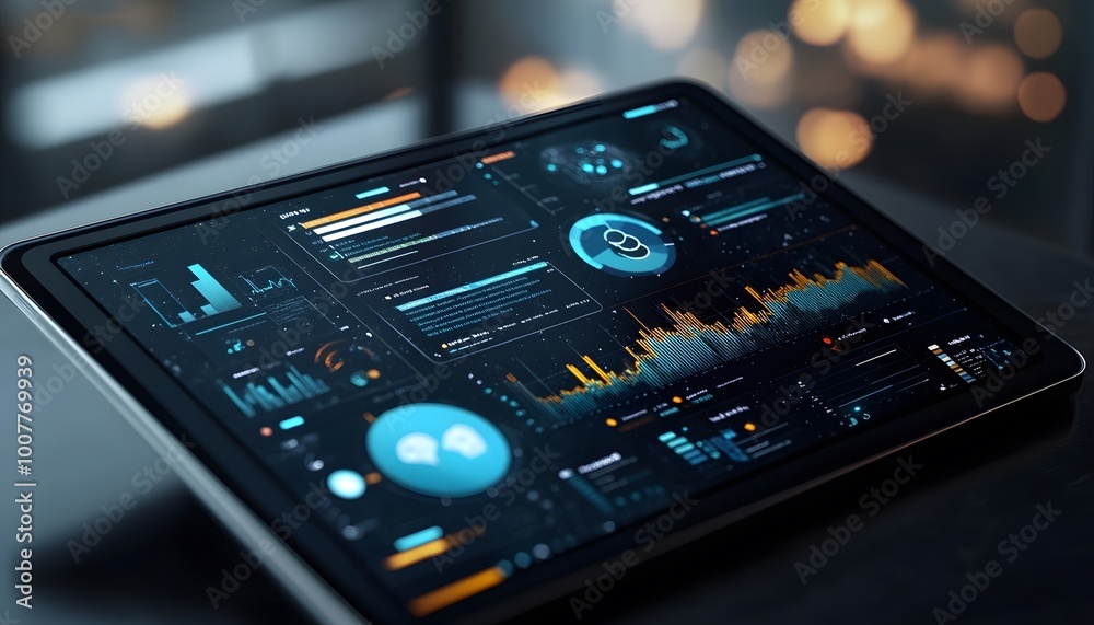 Poster modern tablet displaying data analytics and graphical interface for business analysis and technology