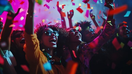 Vibrant celebration with joyful people dancing under colorful confetti at a lively party, enjoying music and festive atmosphere.