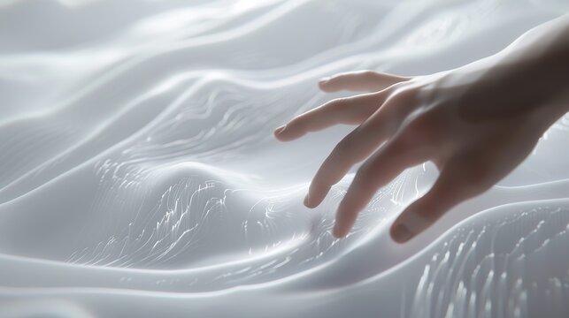A close-up of a hand gently touching a digital screen, with visible light waves representing subtle vibrations and feedback. Advanced haptic technology, interactive digital interfaces.