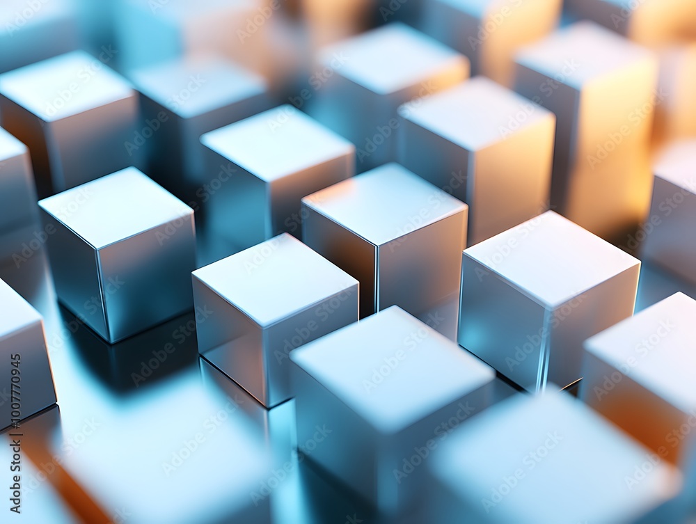 Poster a close-up view of metallic cubes reflecting soft light, creating an abstract and modern visual appe