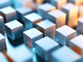 Obraz premium A close-up view of metallic cubes reflecting soft light, creating an abstract and modern visual appeal perfect for design projects.