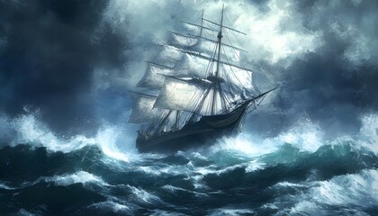 Fototapeta premium A dramatic scene of a ship battling stormy seas, with towering waves and ominous clouds, capturing the power of nature.