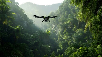 Fototapeta premium A drone flies over a lush green jungle, capturing stunning aerial views of the vibrant landscape and dense foliage.