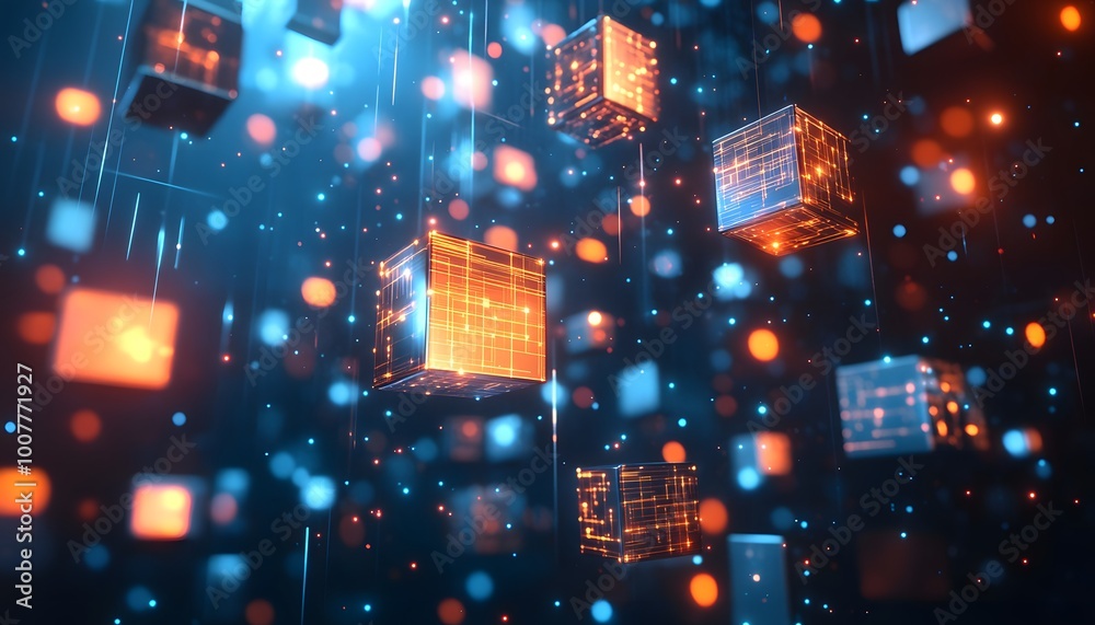 Poster a mesmerizing abstract visualization of glowing cubes and particles, creating a futuristic digital a