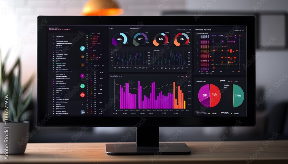 Fototapete A modern computer monitor displays vibrant data analytics with colorful charts and graphs, showcasing statistical insights.