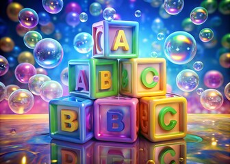 Colorful 3D alphabet blocks with shiny bubbles surrounding letters a, b, and c, creating a whimsical and educational