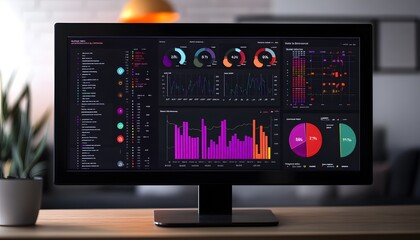 A modern computer monitor displays vibrant data analytics with colorful charts and graphs, showcasing statistical insights.