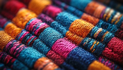 Fototapeta premium Textile Tapestry of Vibrant Colors: Macro Close-up of Intricately Woven Fabric with Colorful Threads on Neutral Background