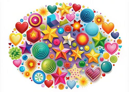 Colorful circular arrangement of various icons, including stars, hearts, and geometric shapes, overlapping and blending