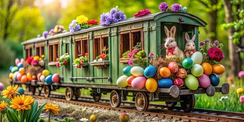 Colorful Easter eggs and bunny figurines fill a vintage train car, surrounded by blooming flowers and greenery, evoking