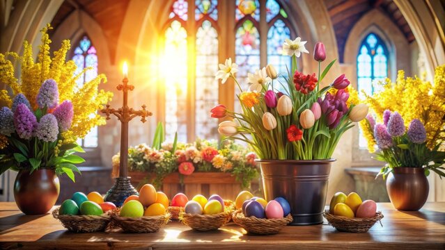 Colorful Easter eggs and blooming flowers adorn a serene church altar, illuminated by soft natural light, evoking a