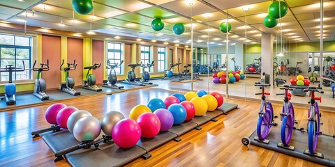 Colorful fitness studio filled with rows of stationary bicycles, resistance bands, and exercise balls, surrounded by