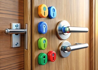 Obraz premium Colorful icons of keys, locks, and handles adorn a modern wooden door, symbolizing security, accessibility, and entry