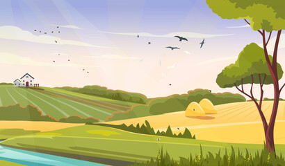 Rural landscape concept. River in hills with tree. Beautiful natural spring and summer season panorama. Rural countryside. Environment and ecosystem. Flat vector illustration