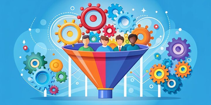 Colorful illustration of a sales funnel with leads pouring in at the top and converting into customers at