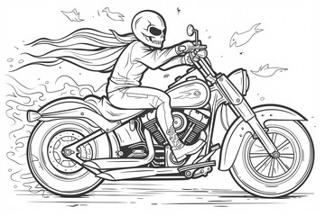 A thrilling illustration of a skeleton rider with flowing hair, speeding on a motorcycle, evoking a sense of adventure and freedom.