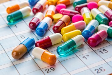 Colorful pills and medication bottles arranged on a calendar, illustrating a daily or weekly schedule for managing