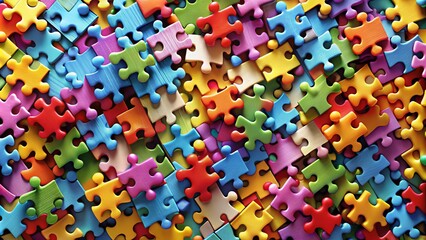 Colorful puzzle pieces come together to form a whole, representing the concept of chunking, with bold lines and