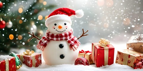 Fototapeta premium Christmas - cute snowman with gifts for happy christmas and new year festival wallpaper