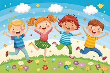 Colorful, simplified illustration of happy, energetic kids running, jumping, and playing together in a carefree,