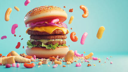Celebrating National Fast Food Day with a vibrant stacked burger and fun toppings!