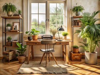 Fototapeta premium Cozy home office with rustic wooden desk, vintage typewriter, and potted plants, surrounded by natural light and warm