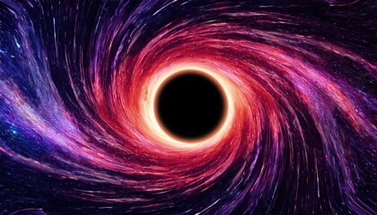 A massive black hole at the center of the cosmic void, swirl of red and pink light. its core a deep impenetrable black.